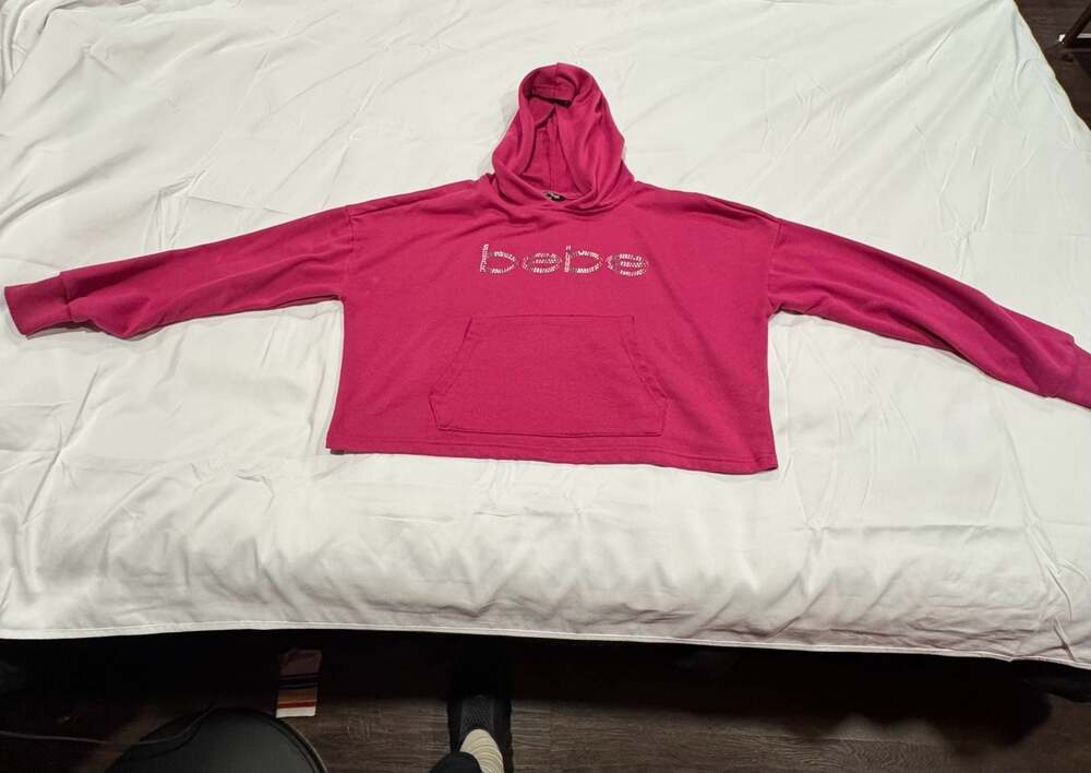 Y2K Bebe Sport Fuchsia Pink Rhinestone Bling Logo Cropped Hoodie